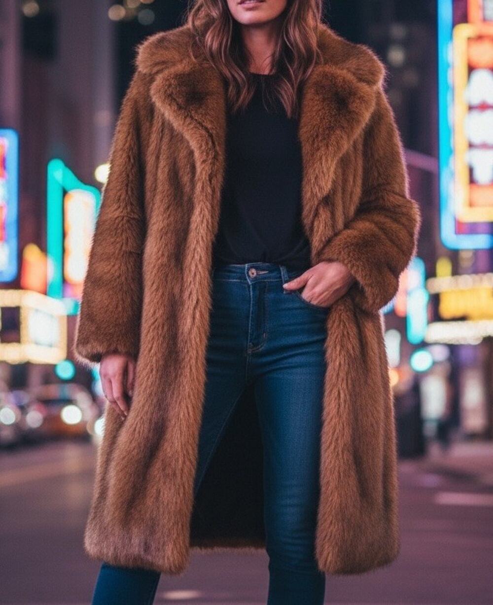 Mink Faux Fur Mr. YTG Brown Black Knee Length Coat Luxury Old Money Classic Sz M